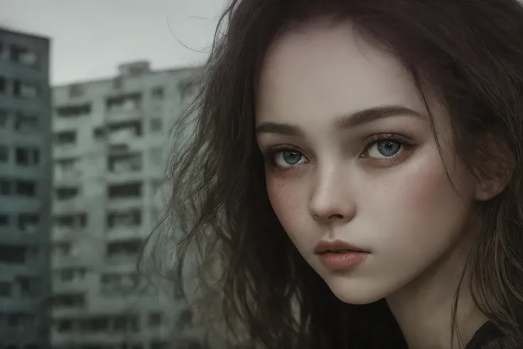 award winning studio photo fish young woman, close up, looks away, detailed face, detailed skin, russian panel houses on background, cold light, depressive, reflection, hdr, rtx, masterpiece, best quality, ultra-detailed, 8k, photorealistic