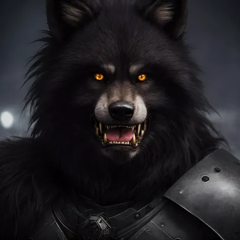 award winning studio photo portrait werewolf, (close up:1.4), 3/4 obsidian armor, detailed hair, north pole, Russia, Siberia, blizzard, small village, deep night, dark, low light, northern lights in the sky, lots of details, high detailed, futuristic landscape, cyberpunk, hight quaility, detailed texture, cinema shot, hdr, sharp focus, no human
