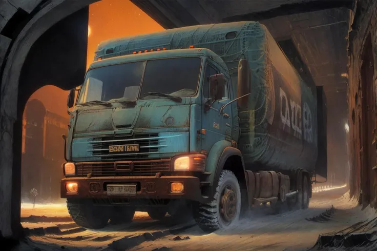 (semi truck), siberian atmosphere,siberian town, <lora:siberian_atmosphere_v1>, b3ks1nsk1, <lora:Beksinski2:0.83>, decaying,waves,black background,(old abandoned car:0.5),heavy shadows,partially illuminated,structure,orb,haze,moon,flesh floor, "a hole in the center of the forehead": 1,,"a window showing black space and stars and a crescent moon": 1, <lora:KAMAZ_54115:0.6>, KAMAZ_54115