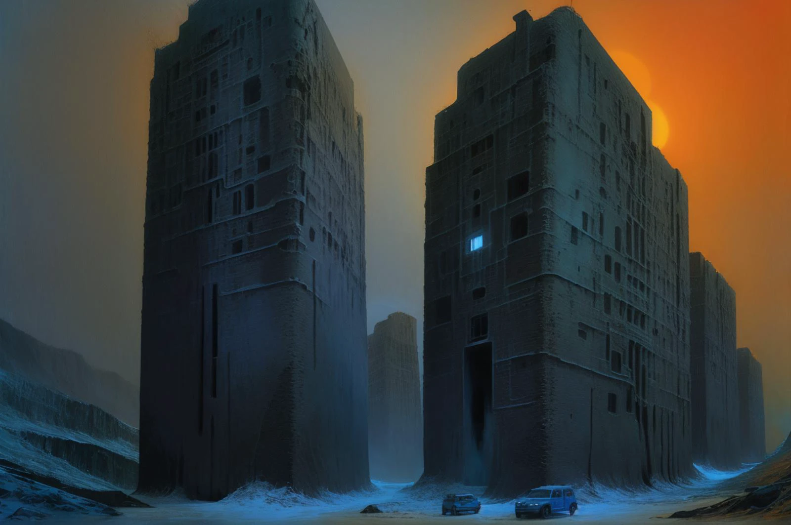 siberian atmosphere,siberian town, <lora:siberian_atmosphere_v1>, b3ks1nsk1, <lora:Beksinski2:0.83>, structure,cliffs,partially illuminated,mysterious figure,tendrils,waves,floating,fog,horror,flesh floor, "an old abandoned car in a vacant desert landscape with hills and mountains in the background": 1,,"a bright yellow sky and blue shadows": 1, <lora:KAMAZ_54115:0.6>, KAMAZ_54115