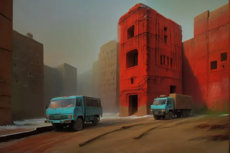 kamaz, siberian atmosphere,siberian town, <lora:siberian_atmosphere_v1>, b3ks1nsk1, <lora:Beksinski2:0.83>, structure,cool fog,stars,red floor,liminal,hills,(old abandoned car:0.5),tendrils,massive,structure,,heavy shadows,vines, "a desolate landscape below with rocks and dirt": 1,,"limbs tangled": 1, <lora:KAMAZ_54115:0.6>, KAMAZ_54115, EasyNegativeV2