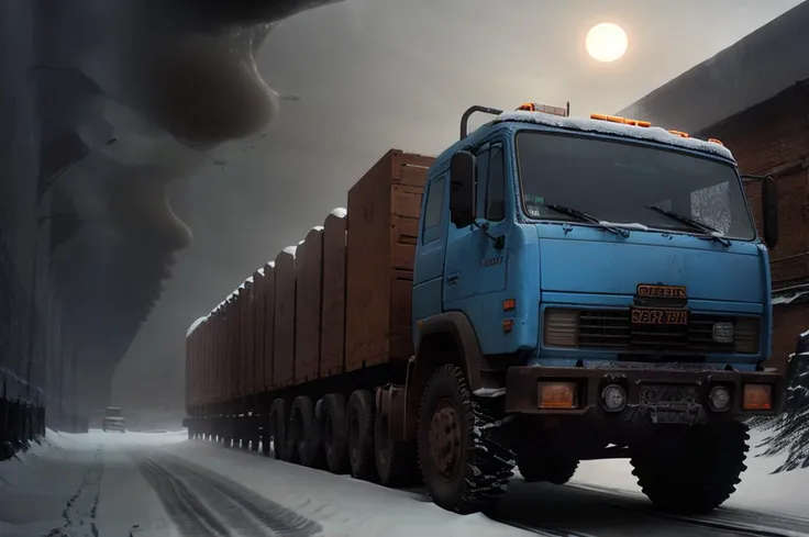 kamaz, siberian atmosphere,siberian town, <lora:siberian_atmosphere_v1>, b3ks1nsk1, <lora:Beksinski2:0.83>, moon,cracked,putrefaction,cool fog,decaying,heavy shadows,very dark,snow,wood, "a rocky valley with dark walls": 1,,"skulls under the hoods": 1, <lora:KAMAZ_54115:0.6>, KAMAZ_54115