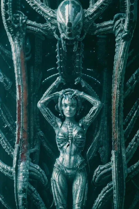 cowboy shot of Winona Ryder, solo, short hair, caught in alien mothership, blood, slime
((masterpiece),(best quality),(ultra-detailed),
fantasy, sci-fi, horror, , aliens, sad face,
realistic, hrgiger hnsrdlf style intricate biomechanical detail
masterpiece, , dark room, dim light , front view,(( Airbrush painting ))
<lora:epiNoiseoffset_v2:1> <lora:hrgiger2x_8:0.6> <lora:Biomechanicals_v2_lora1500:0.4>