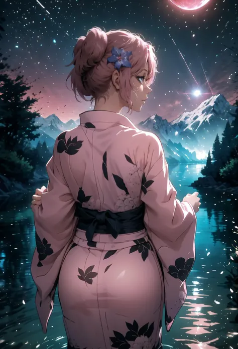 Highly detailed, High Quality, Masterpiece, beautiful, 1girl, emilyab, short hair, pink hair, twintails, blue eyes, <lora:Degen-Emily:0.7>, yukata, short yukata, <lora:Outfit_Kimono:1>, night, (dark environment), <lora:Style_DarkIncursioStyle:1>, mountains, water, trees, red moon, hair flower, from behind, looking to the side,