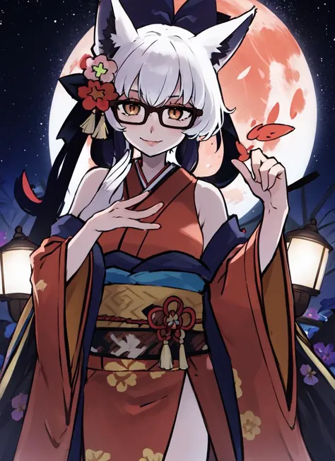 ((best quality)), ((highly detailed)), detailed face, beautiful face, , (1girl), (glasses), dynamic pose, cowboy shot, ((very wide shot)), kitsune, ((multiple tails)), fox tails, medium breasts, fox ears, brown eyes, <lora:slit-pupils:1>, snake eyes, (Neon white) hair, smiling, <lora:kimonoClothes_v10:1>, short yukata, (sleeveless), furisode, obi, sash, (outdoors, at a garden, evening, night sky, stars, blood moon), <lora:Sugimori_Ken_Style_v3:.7>