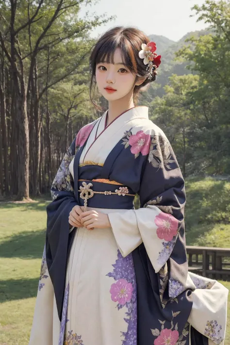 1girl, solo, outdoor, cute japanese model girl, kimono, floral print, hair ornament, looking at viewer, hair flower, brown eyes, bangs, masterpiece, best quality, realistic, <lora:kimono:1>, <lora:mix4:0.4>