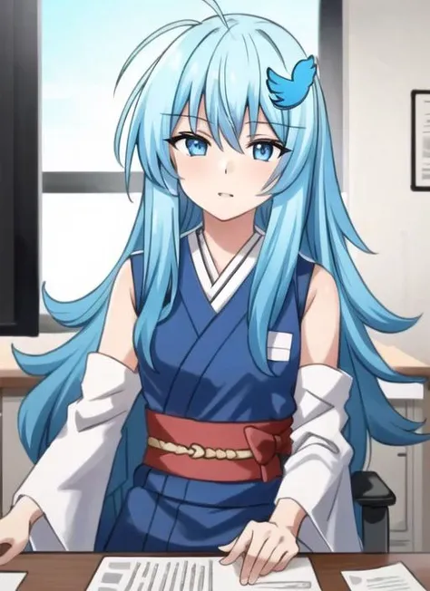 ((best quality)), ((highly detailed)), masterpiece, (detailed eyes, deep eyes), (1girl), upper body, <lora:twitterchan-v1:.8>, twitter-chan, long hair, blue hair, hair ornament, blue eyes, <lora:kimonoClothes_v10:1>, short yukata, (sleeveless), furisode, obi, sash, inside, in an office, desk, computer, office chair