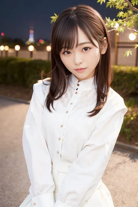 (skin blemish:1.2), (skindentation), black eye, 1woman, 25yo, (((woman))), solo, realistic, best quality, photorealistic, masterpiece, 8k, high res, solo, extremely detailed face, (professional lighting, bokeh), (light particles, lens flare, glowing particles:0.6), (dynamic pose:1.2), soft lighting, top angle view, fashionable and trendy atmosphere, street, japan, kyoto, city, tokyo tower, skytree, sakura blossom, ((nighttime)), standing, ((looking at the viewer:1)), (looking at the camera),(portrait:0.6), cowboy shot, walking, gorgeous, keep original facial proportion, wide shoulder, full body, (small breast), (long hair), brown hair, floating hair, lips, lipstick, seductive smile, floating hair, (smile), (open_mouth), teeth, white blouse, one piece dress, mole, (mole under eye:1), <lora:fukuhara:0.8>