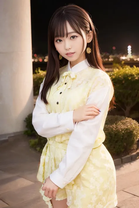 (skin blemish:1.2), (skindentation), black eye, 1woman, 25yo, (((woman))), solo, realistic, best quality, photorealistic, masterpiece, 8k, high res, solo, extremely detailed face, (professional lighting, bokeh), (light particles, lens flare, glowing particles:0.6), (dynamic pose:1.2), soft lighting, top angle view, fashionable and trendy atmosphere, street, japan, kyoto, city, tokyo tower, skytree, sakura blossom, ((nighttime)), standing, ((looking at the viewer:1)), (looking at the camera),(portrait:0.6), cowboy shot, walking, gorgeous, keep original facial proportion, wide shoulder, full body, (small breast), (long hair), brown hair, floating hair, lips, lipstick, seductive smile, floating hair, (smile), (open_mouth), teeth, yellow blouse, one piece dress, mole, (mole under eye:1), <lora:fukuhara:0.8>