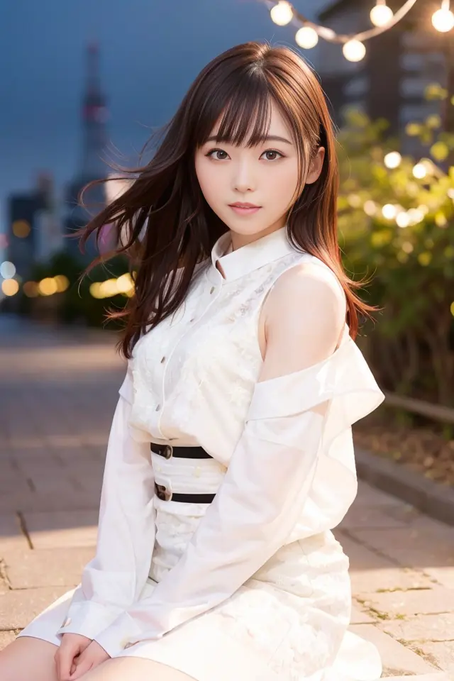 (skin blemish:1.2), (skindentation), black eye, 1woman, 25yo, (((woman))), solo, realistic, best quality, photorealistic, masterpiece, 8k, high res, solo, extremely detailed face, (professional lighting, bokeh), (light particles, lens flare, glowing particles:0.6), (dynamic pose:1.2), soft lighting, top angle view, fashionable and trendy atmosphere, street, japan, kyoto, city, tokyo tower, skytree, sakura blossom, ((nighttime)), standing, ((looking at the viewer:1)), (looking at the camera),(portrait:0.6), cowboy shot, walking, gorgeous, keep original facial proportion, wide shoulder, full body, (small breast), (long hair), brown hair, floating hair, lips, lipstick, seductive smile, floating hair, (smile), (open_mouth), teeth, white blouse, one piece dress, mole, (mole under eye:1), <lora:fukuhara:0.8>