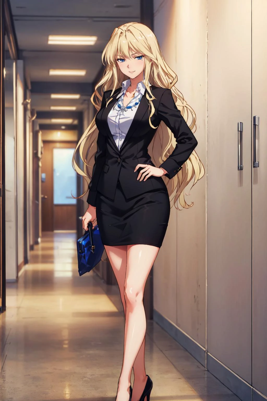 masterpiece, best quality, <lora:YuriaHarudera_V2-E09_(Grisaia):0.7> yuriajb, necklace, suit, jacket, shirt, pencil skirt, high heels, contrapposto, large breasts, hallway, office, smirk
