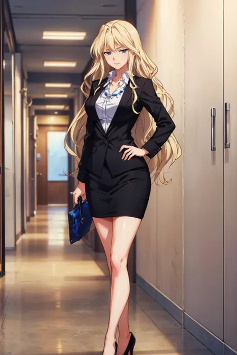 masterpiece, best quality,   <lora:YuriaHarudera_V2-E09_(Grisaia):0.7> yuriajb, necklace, suit, jacket, shirt, pencil skirt, high heels, contrapposto, large breasts, hallway, office, smirk