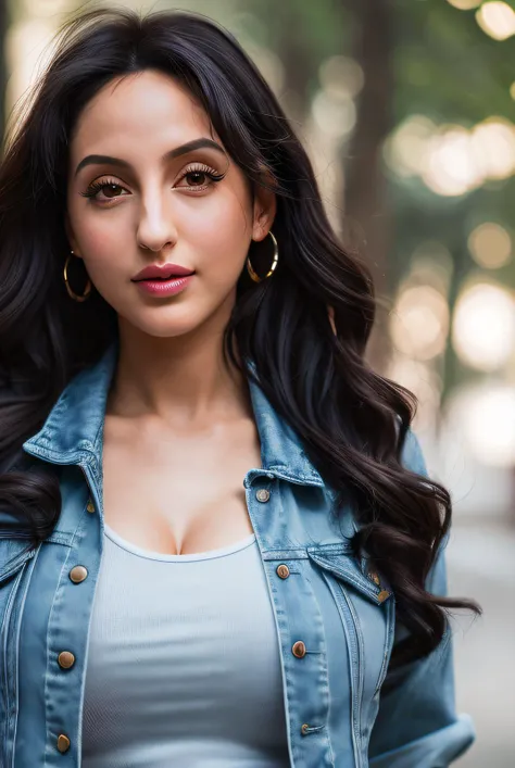 (photo of Nor4F4t3h101:0.99), blurry, depth of field, blurry background, photo \(medium\), 1girl, solo, blurry foreground, realistic, teeth, denim jacket, photorealistic, smile, motion blur, looking at viewer, denim, photo background, upper body, best quality raw photo, shot on Nikon D850, 16k, sharp focus, masterpiece, Hyper Detailed, breathtaking, atmospheric perspective, diffusion, pore correlation, skin imperfections, DSLR, 80mm Sigma f2, depth of field, film grain, (detailed face:1.1), skin pores, 8k, skin texture, dslr,, detailed skin texture, (blush:0.5), (goosebumps:0.5), subsurface scattering
