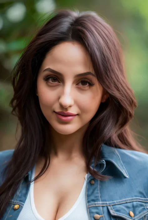 (photo of Nor4F4t3h101:0.99), blurry, depth of field, blurry background, photo \(medium\), 1girl, solo, blurry foreground, realistic, teeth, denim jacket, photorealistic, smile, motion blur, looking at viewer, denim, photo background, upper body, best quality raw photo, shot on Nikon D850, 16k, sharp focus, masterpiece, Hyper Detailed, breathtaking, atmospheric perspective, diffusion, pore correlation, skin imperfections, DSLR, 80mm Sigma f2, depth of field, film grain, (detailed face:1.1), skin pores, 8k, skin texture, dslr,, detailed skin texture, (blush:0.5), (goosebumps:0.5), subsurface scattering