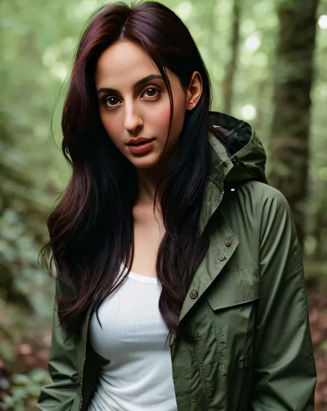 (raw:1.1) photo of (Nor4F4t3h101:0.99), wearing a (a British rain coat:1.1), (hiking, highlands:1.2), RAW candid cinema, 16mm, color graded portra 400 film, remarkable color, ultra realistic, textured skin, remarkable detailed pupils, realistic dull skin noise, visible skin detail, skin fuzz, dry skin, shot with cinematic camera