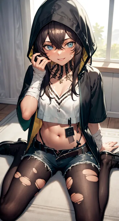 (masterpiece,best quality, detailed), indoors, looking at viewer, 1girl, solo, full body, from above, smile, sitting, wariza,
origin, 1girl, solo, pantyhose, shorts, torn clothes, navel, bandages, torn pantyhose, hood, black pantyhose, midriff, crop top, cutoffs,  jacket <lora:flint-pynoise:1>