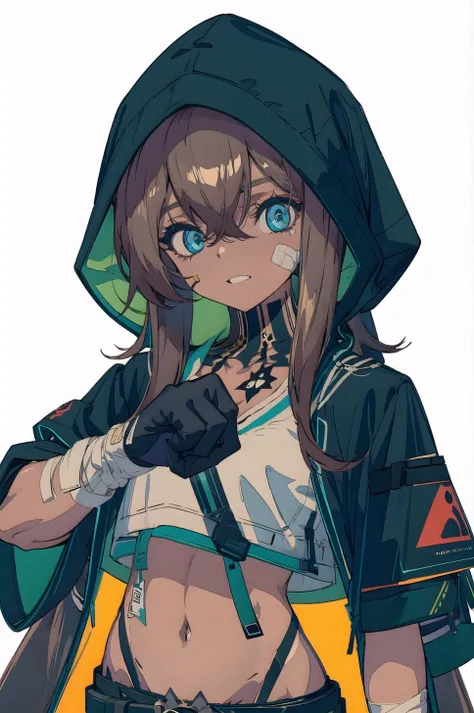 origin, 1girl, boxing gloves, solo, navel, bandaid, bandaid on face, hood, crop top, midriff, hood up, looking at viewer, bandages, breasts <lora:flint-pynoise-000007:1> <lora:ligneart(cogecha):1>