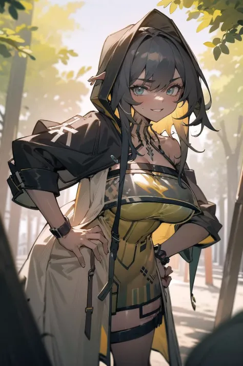 origin, 1girl,hood,black hair,outfit-kaltsit,embarrassed,large breasts,curvy, looking at viewer, cowboy shot,smile, hand on hip, leaning forward, :i, outdoors, hand on own knee,
<lora:flint-pynoise-000007:1> <lora:outfit-kaltsit:1>