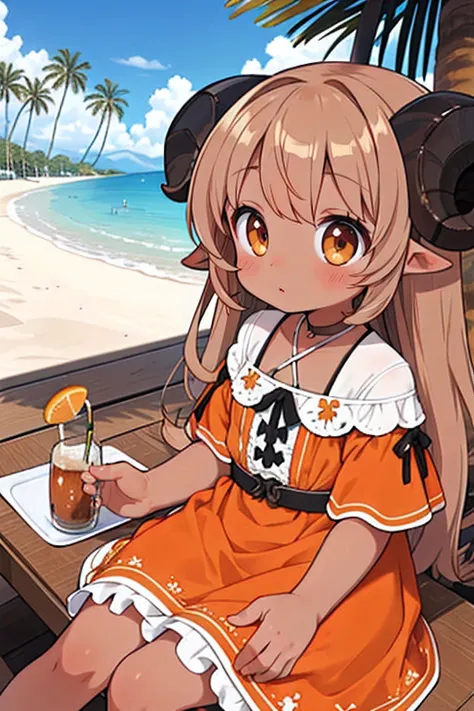 ultra detailed, sharp focus, best quality, masterpiece, colorful, <lora:tanline_slider:2> chestnut hair, fluffy hair, sheep girl, ram horns, orange dress, dark skin, palm trees, beach house, best quality, masterpiece, intricate details