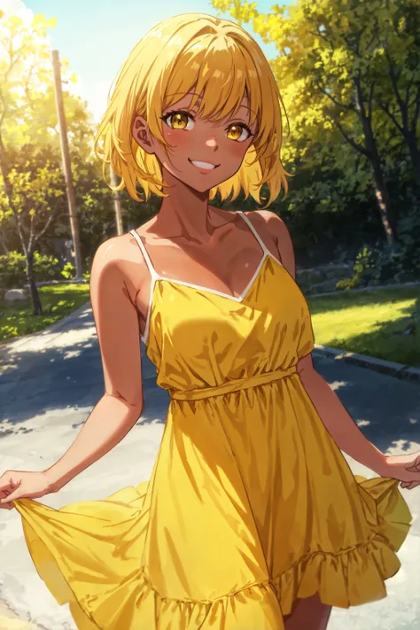 masterpiece, (best quality:1.05), sitting on bench, park, sunny, smiling, straw hat, yellow summer dress, tan_slider_V1:3 soft shadows, high resolution, highres, absurdres, natural lighting, dynamic lighting, colorful