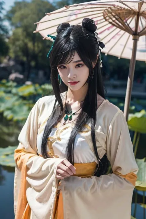 ltra-detailed,highly detailed,best quality,masterpiece,illustration,realistic,photorealistic,
tangyurou, 1girl, solo,cosplay,
china dress, chinese clothes, hanfu, long sleeves, shawl, jewelry, necklace,
long hair, hair ornament, hair bun, bangs,
upper body,looking at viewer,
flower, outdoors, lotus, garden, water,
<lora:tangyurou_v1_05:0.7>