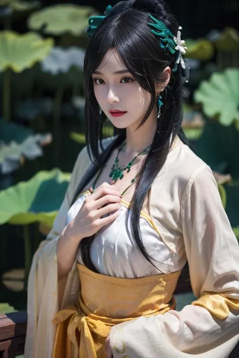 ltra-detailed,highly detailed,best quality,masterpiece,illustration,realistic,photorealistic,
tangyurou, 1girl, solo,cosplay,
china dress, chinese clothes, hanfu, long sleeves, shawl, jewelry, necklace,
upper body,looking at viewer,
flower, outdoors, lotus, garden, water,
<lora:tangyurou_v1_05:0.7>