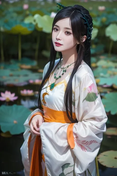 ltra-detailed,highly detailed,best quality,masterpiece,illustration,realistic,photorealistic,
tangyurou, 1girl, solo,cosplay,
china dress, chinese clothes, hanfu, long sleeves, shawl, jewelry, necklace,
upper body,looking at viewer,
flower, outdoors, lotus, garden, water,
<lora:tangyurou_v1_05:0.7>