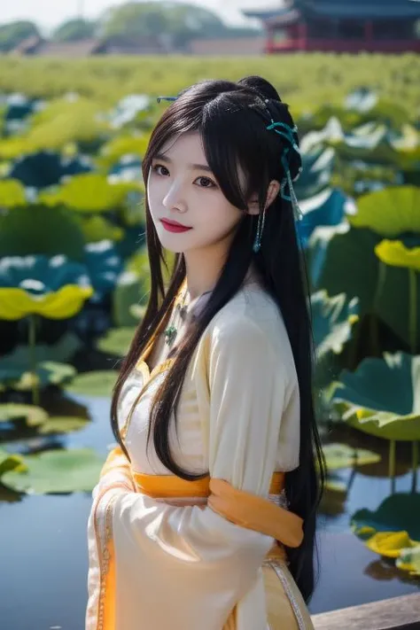 ltra-detailed,highly detailed,best quality,masterpiece,illustration,realistic,photorealistic,
tangyurou, 1girl, solo,cosplay,
china dress, chinese clothes, hanfu, long sleeves, shawl, jewelry, necklace,
upper body,looking at viewer,
flower, outdoors, lotus, garden, water,
<lora:tangyurou_v1_05:0.7>