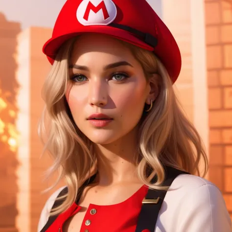 Portrait of (jnfrlwrc woman) as super Mario, red hat, fantasy, highly detailed, digital painting, artstation, concept art, sharp focus, illustration, art by Tony Sart and artgerm and randy vargas, <lora:JenniferLawrence:1>