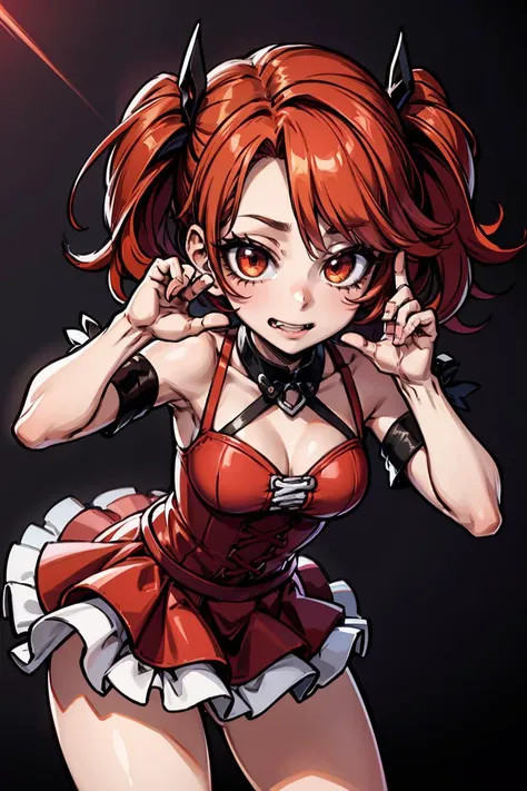 (masterpiece, best quality), 1girl, red hair, medium chest, gothic frill dress, pervert face,
