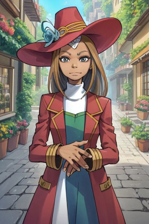 Andr3wM4r, (Zoe Saldana:1.2) in a flowery street, showing middle finger, hat, long coat, greenery, masterpiece, best quality