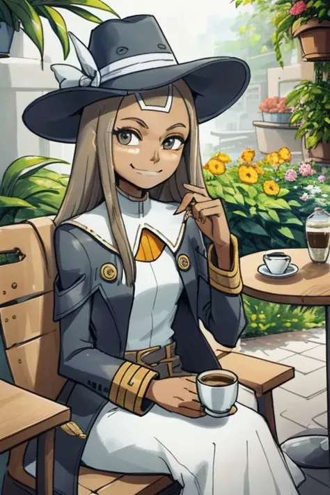 Andr3wM4r, (Zoe Saldana:1.2) in a cafe, drinking coffee, sitting, smiling, hat, long coat, flowery, greenery, masterpiece, best quality