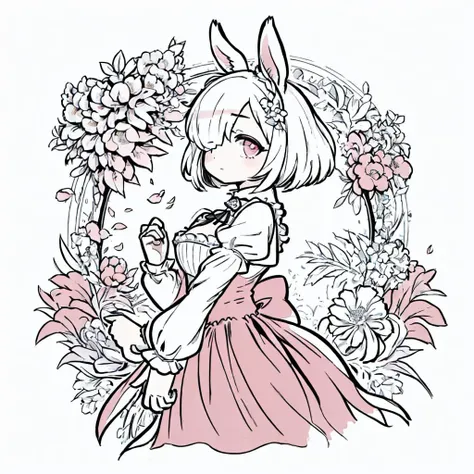 1girl, solo, lineart, (hand on own chest), victorian long gown with high collar and puffy sleeves, large firm breasts, rabbit ears, rabbit tail, short hair, (hair over one eye:1.3), (white hair), (abstract), (flowers), (flower), leaves, (reddish pink eyes), (from side), (contrapposto:1.2), (chibi:1.3), <lora:Ink scenery:0.8>, <lora:animeoutlineV4_16:0.8>