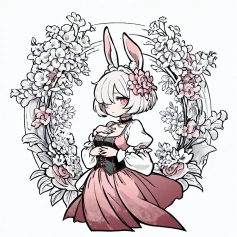 1girl, solo, (hand on own chest), victorian long gown with high collar and puffy sleeves, large firm breasts, rabbit ears, rabbit tail, short hair, (hair over one eye:1.3), (white hair), (abstract), (flowers), (flower), leaves, (reddish pink eyes), (from side), (contrapposto:1.2), (chibi:1.3), <lora:Ink scenery:0.8>, <lora:animeoutlineV4_16:0.8>