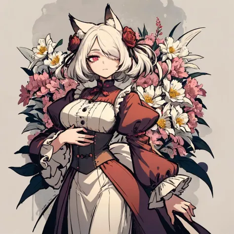 1girl, solo, (hand on own chest), victorian long gown with high collar and puffy sleeves, large firm breasts, fox ears, fox tail, short hair, (hair over one eye:1.3), (white hair), (abstract), (flowers), (flower), leaves, (reddish pink eyes), (contrapposto:1.2), <lora:Ink scenery:0.8>