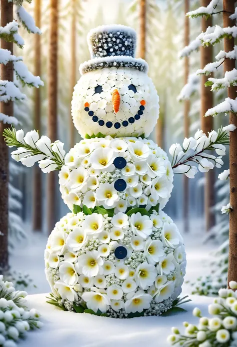 snowman made of white flowers,forest,winter,bokeh,highly detailed,realistic,lifelike,studio photo,highly detailed,dynamic,cinematic,masterpiece,intricate,hdr,abstract fractal, romantic atmosphere, award-winning photo,pam-flwr