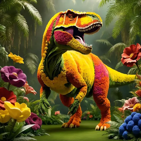 pamflwr, a t-rex made of flowers, jungle,dust,realistic,highly detailed,lifelike,studio photo,highly detailed,masterpiece