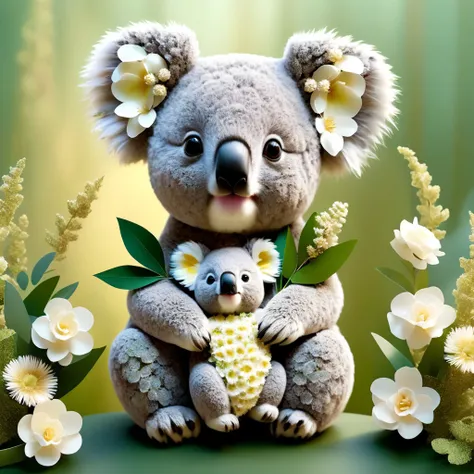 pamflwr, a Koala bear holding his baby made of flowers, eucalyptus background,chibi,kawaii,realistic,highly detailed,lifelike,studio photo,highly detailed,masterpiece