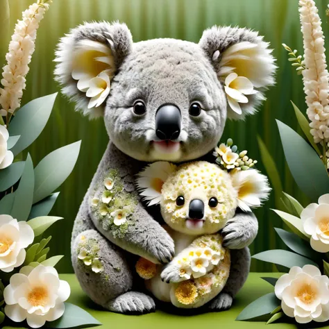 pamflwr, a Koala bear holding his baby made of flowers, eucalyptus background,chibi,kawaii,realistic,highly detailed,lifelike,studio photo,highly detailed,masterpiece