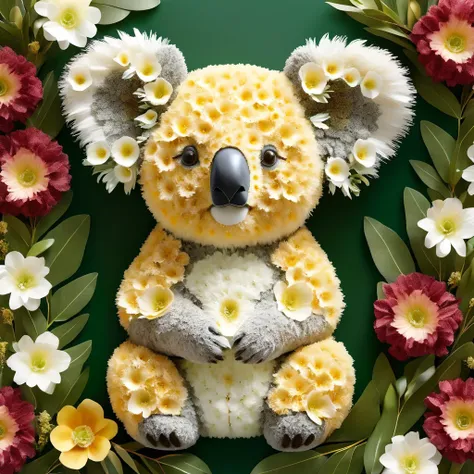 pamflwr, a Koala bear made of flowers, eucalyptus,realistic,highly detailed,lifelike,studio photo,highly detailed,masterpiece