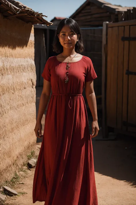 a woman wearing maxi dress, small village, (low key lighting:0.5) <lora:fic-fanny:0.8>