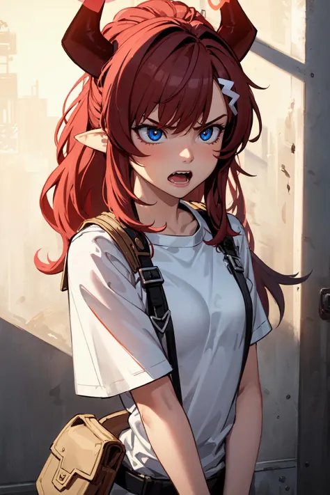 1girl, hyperrealistic,vibrant,  best quality,very smooth quality ,  very sharp quality,  semi-realism ,   ,masterpiece  <lora:megu_ba:1> megu ba ,red hair, blue eyes, long hair, hairclip,pointy ears, demon horns , halo ,, detailistic , complex details , better shadows ,angry , shirt pull , frustrated ,