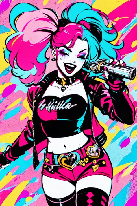 <lora:Harley:0.6> Harley Quinn, 1girl, solo, long hair, breasts, smile, open mouth, skirt, thighhighs, gloves, navel, holding, twintails, jewelry, blue hair, jacket, weapon, pink hair, heart, multicolored hair, one eye closed, shorts, midriff, belt, miniskirt, fingerless gloves, nail polish, crop top, gun, short shorts, makeup, piercing, lipstick, pale skin, red jacket, handgun, eyeshadow, revolver, heart tattoo, studded belt