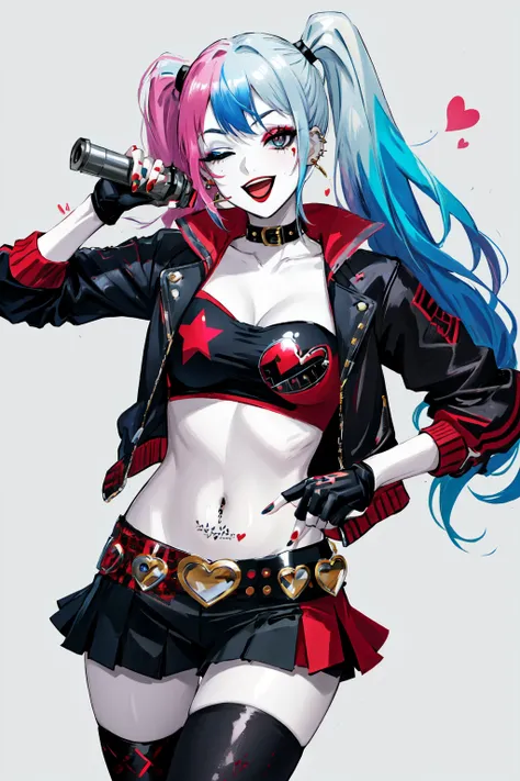 <lora:Harley:0.6> Harley Quinn, 1girl, solo, long hair, breasts, smile, open mouth, skirt, thighhighs, gloves, navel, holding, twintails, jewelry, blue hair, jacket, weapon, pink hair, heart, multicolored hair, one eye closed, shorts, midriff, belt, miniskirt, fingerless gloves, nail polish, crop top, gun, short shorts, makeup, piercing, lipstick, pale skin, red jacket, handgun, eyeshadow, revolver, heart tattoo, studded belt, shiny skin, specular highlights,