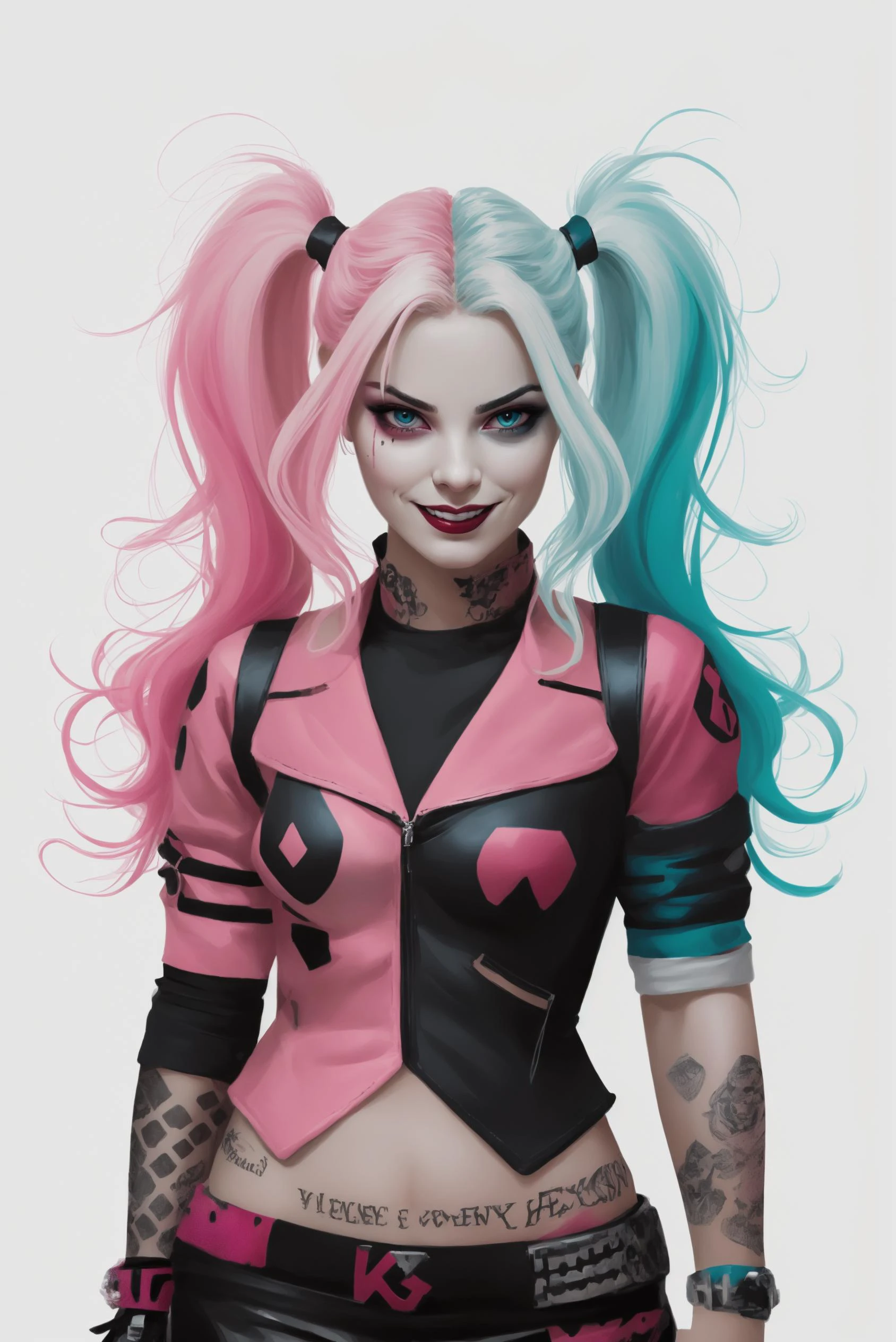 Harley Quinn, 1girl, smile, (evil:1.5) twintails, (blue+pink hair:1.3), (blue+pink+white color:1.3), (white background:1.2), (vector art:1.5), (punk style:1.5), (lineart:1.5), high quality, high detailed, cinematic light, dramatic light <lora:Harley:0.77>,