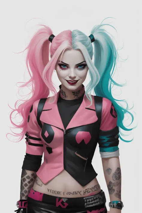 Harley Quinn, 1girl, smile, (evil:1.5)  twintails, (blue+pink hair:1.3), (blue+pink+white color:1.3), (white background:1.2), (vector art:1.5), (punk style:1.5), (lineart:1.5), high quality, high detailed, cinematic light, dramatic light <lora:Harley:0.77>,