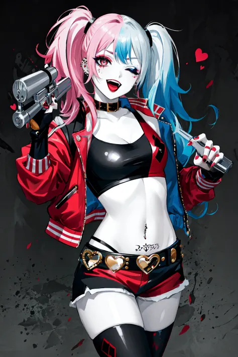 <lora:Harley:0.6> Harley Quinn, 1girl, solo, long hair, breasts, smile, open mouth, skirt, thighhighs, gloves, navel, holding, twintails, jewelry, blue hair, jacket, weapon, pink hair, heart, multicolored hair, one eye closed, shorts, midriff, belt, miniskirt, fingerless gloves, nail polish, crop top, gun, short shorts, makeup, piercing, lipstick, pale skin, red jacket, handgun, eyeshadow, revolver, heart tattoo, studded belt, shiny skin, specular highlights,