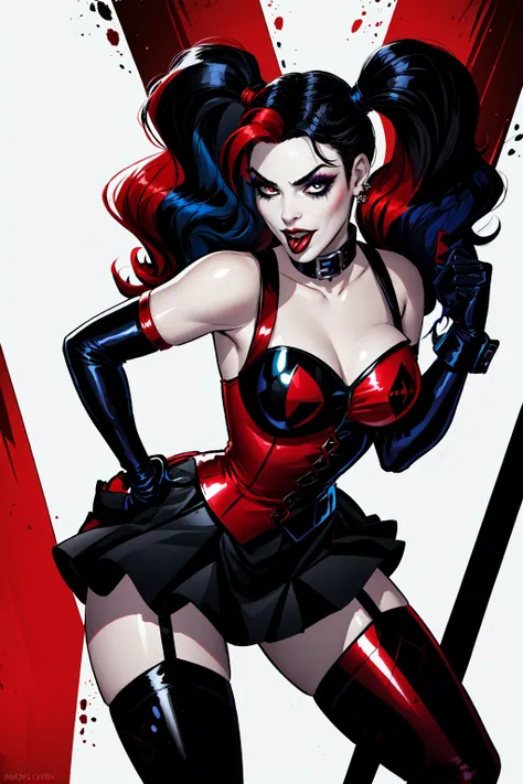 <lora:Harley:0.6> Harley Quinn, 1girl, solo, breasts, thighhighs, black gloves, gloves, dress, twintails, jewelry, multicolored hair, black hair, red hair, split color hair,  tongue, elbow gloves, collar, hand on hip, makeup, garter straps, lipstick, short twintails, whip, shiny skin, specular highlights, dynamic angle, dynamic pose,