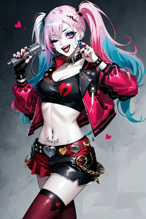 <lora:Harley:0.6> Harley Quinn, 1girl, solo, long hair, breasts, smile, open mouth, skirt, thighhighs, gloves, navel, holding, twintails, jewelry, blue hair, jacket, weapon, pink hair, heart, multicolored hair, one eye closed, shorts, midriff, belt, miniskirt, fingerless gloves, nail polish, crop top, gun, short shorts, makeup, piercing, lipstick, pale skin, red jacket, handgun, eyeshadow, revolver, heart tattoo, studded belt, shiny skin, specular highlights,