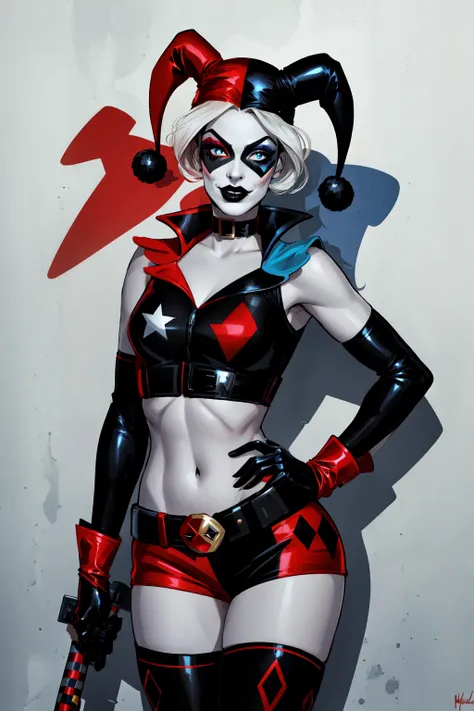 <lora:Harley:0.6> Harley Quinn, 1girl, solo, breasts, blue eyes, thighhighs, gloves, hat, harlequin, harlequin hat, harlequin cap, navel, holding, medium breasts, weapon, elbow gloves, midriff, belt, crop top, hand on hip, makeup, mask, lipstick, red gloves, facepaint, hammer, jester cap, domino mask, mallet, black lips, shiny skin, specular highlights,